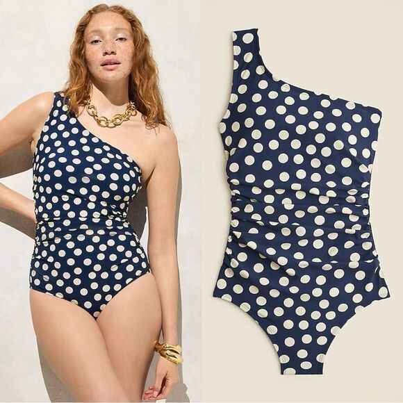 NWT J CREW Ruched one-shoulder one-piece in “Dark Evening Tan” polka dot - Picture 1 of 7